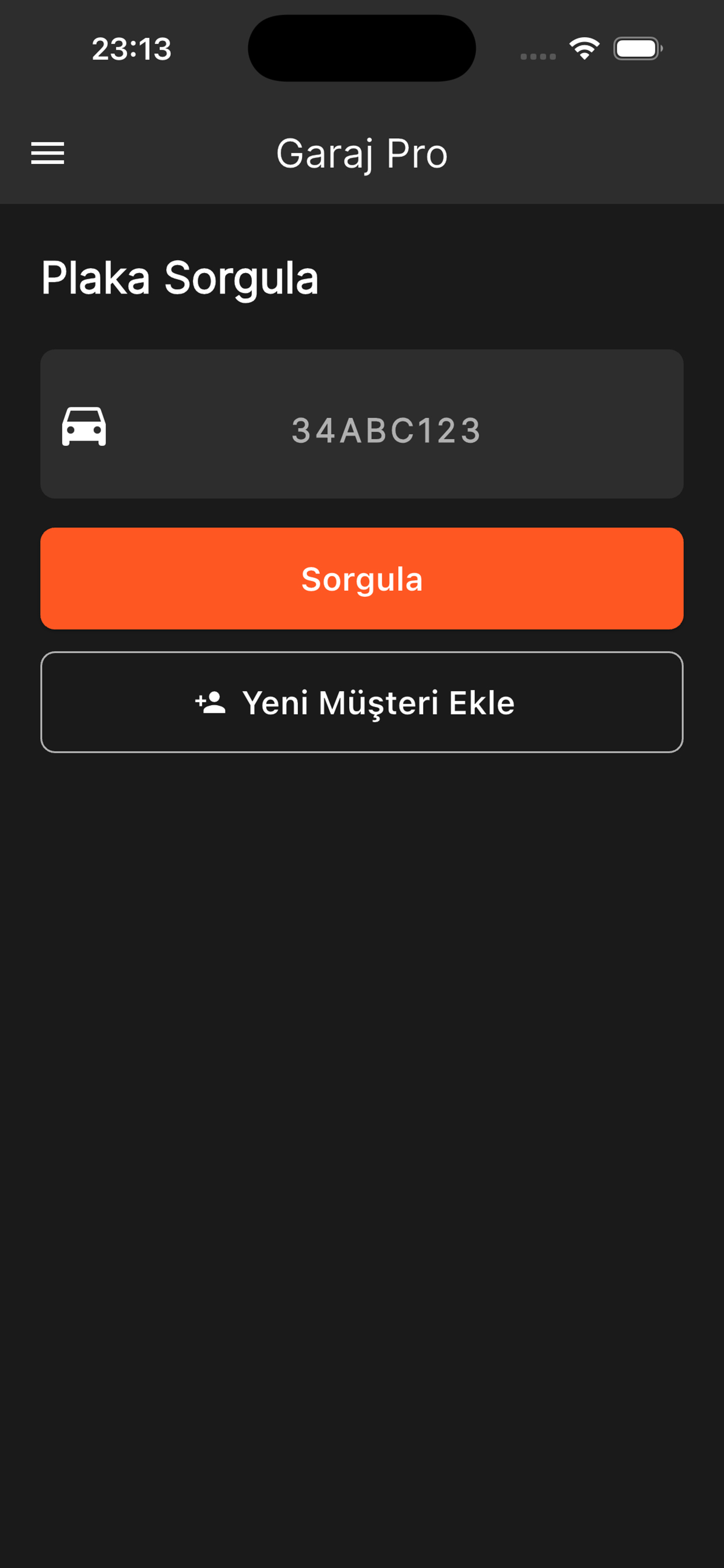 Garaj Pro plaka sorgulama ekranı