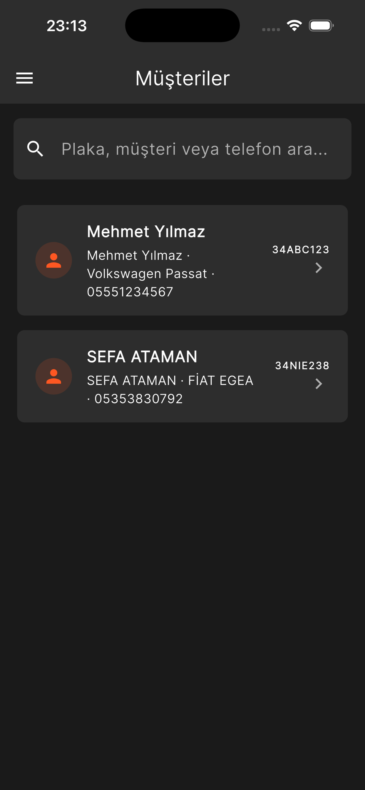 Müşteri listesi ekranı