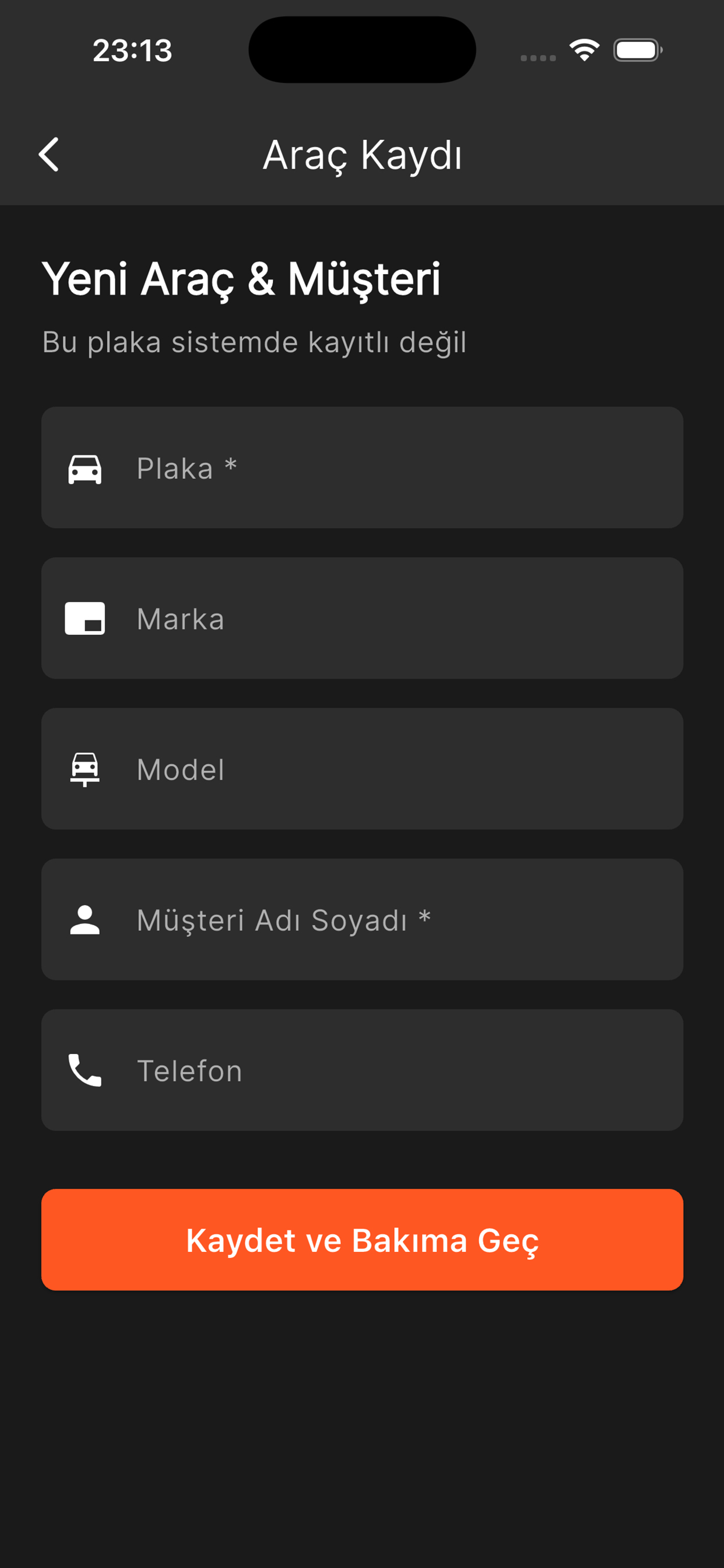 Yeni araç ve müşteri kayıt ekranı