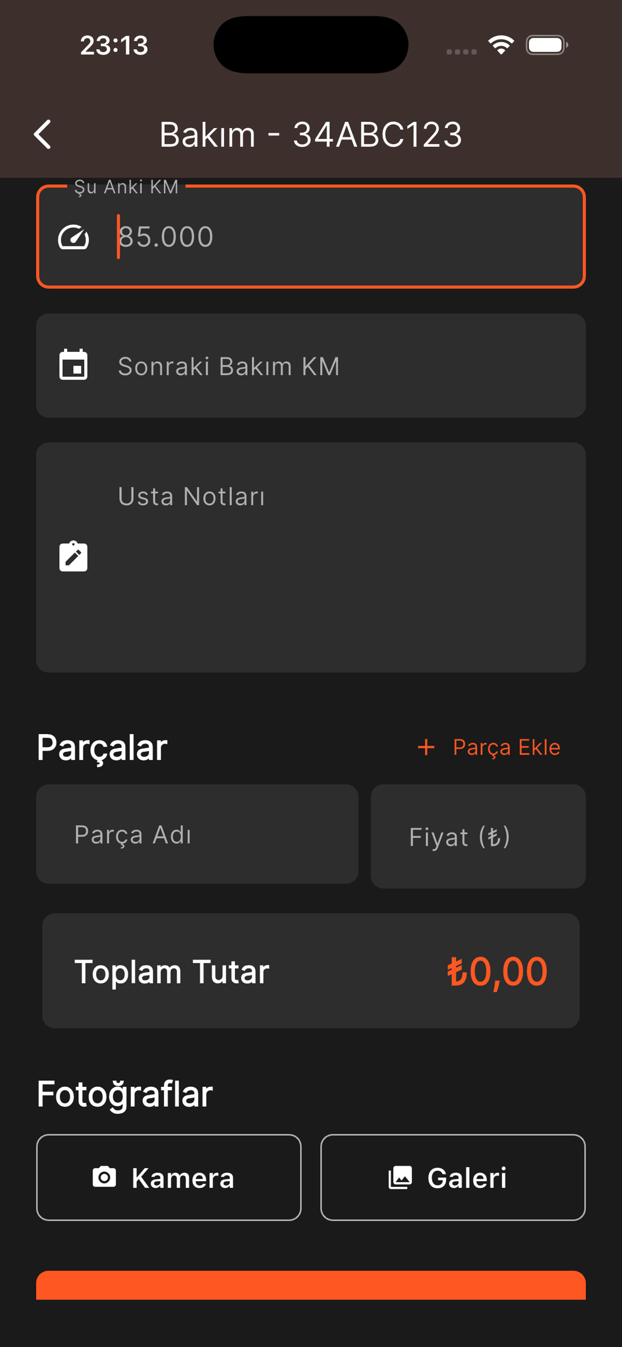 Bakım kaydı, parça ve fotoğraf ekranı