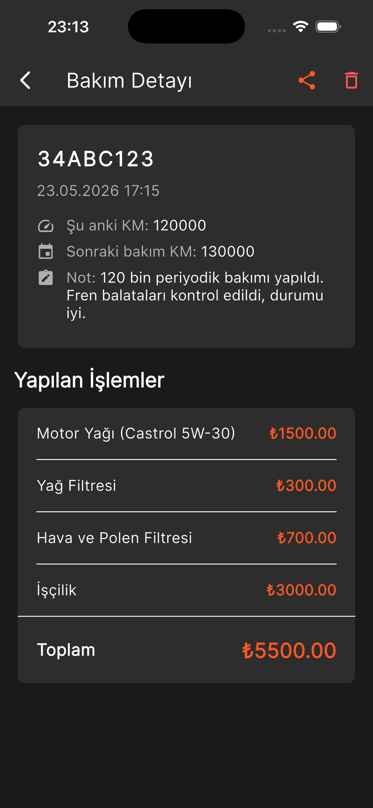 Bakım detayı ve dijital fatura ekranı